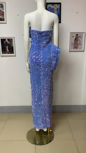 NOVANCE 2023新品闪亮蓝色亮片性感管顶高狭缝长舞会晚礼服派对亮片连衣裙 - Product Image 5