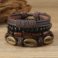 Shell multicouche perlé bois perle tissé à la main Bracelet en cuir quatre pièces ensemble en gros N25614