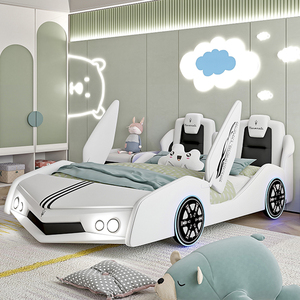 Cama Infantil Moderna de Lujo Ligero con Forma de Coche Blanco, con Almacenamiento, Tapizada en Cuero, con Barandillas de Seguridad y Diseño de Dibujos Animados - Product Image 1
