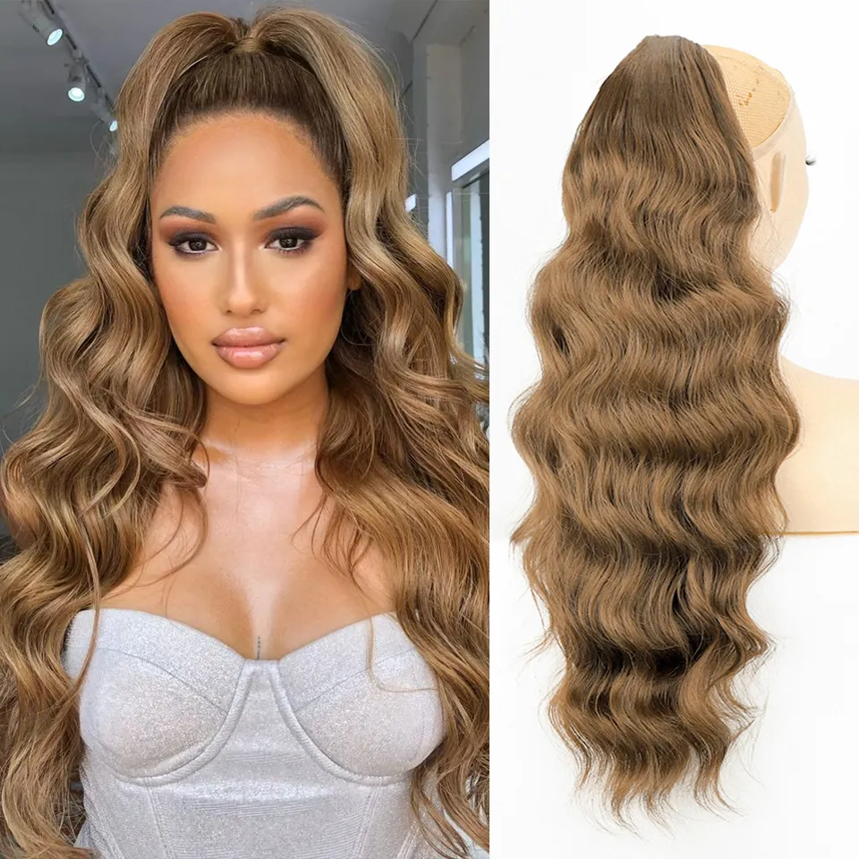 Groothandel Synthetische Superzachte Lange Kinky Krullend Watergolf Trekkoord Paardenstaart Met Kam Clip In Hair Extensions 24 30 32 Inch