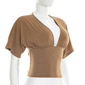 Viviblook Y26TP062 New Women Summer T-<b>shirt</b> Deep V-Neck High Waisted <b>Patchwork</b> Drop Shoulder Short Sleeved Top for Ladies - Product Image 3