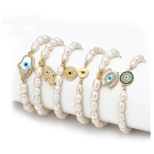 Pulseras de ojo de perla de agua dulce, joyería de mano, ojo malvado, perlas, moda europea y americana - Product Image 1