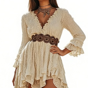 Vestido Midi Bohemio de Encaje Crema para Mujer - Cuello en V con Volantes y Manga Larga - Moda Sehe - Product Image 3