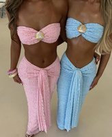 Bikini wanita dengan balutan tanpa tali Dua warna atasan dan rok panjang rajutan Set pakaian pantai dua potong XS-L