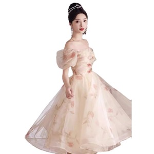 Square Neck Floral Print Evening Dress A-Line Empire Waist 3D Patterns Princess Tutu Skirt For Birthday Arts Exam Graduation - Product Image 5