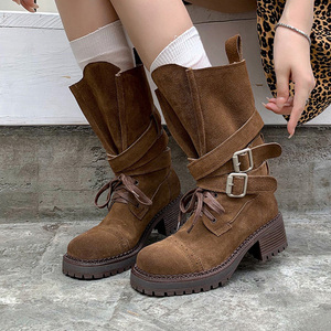 Bottes en cuir véritable de style britannique vintage pour femmes, nouvelle collection 2026, bottes western mi-mollet à talons hauts - Product Image 3