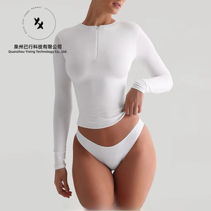 Nouveau T-shirt à manches longues zippé double couche pour femme, personnalisé avec logo, décontracté, respirant, 95% polyester 5% élasthanne - Product Image 3