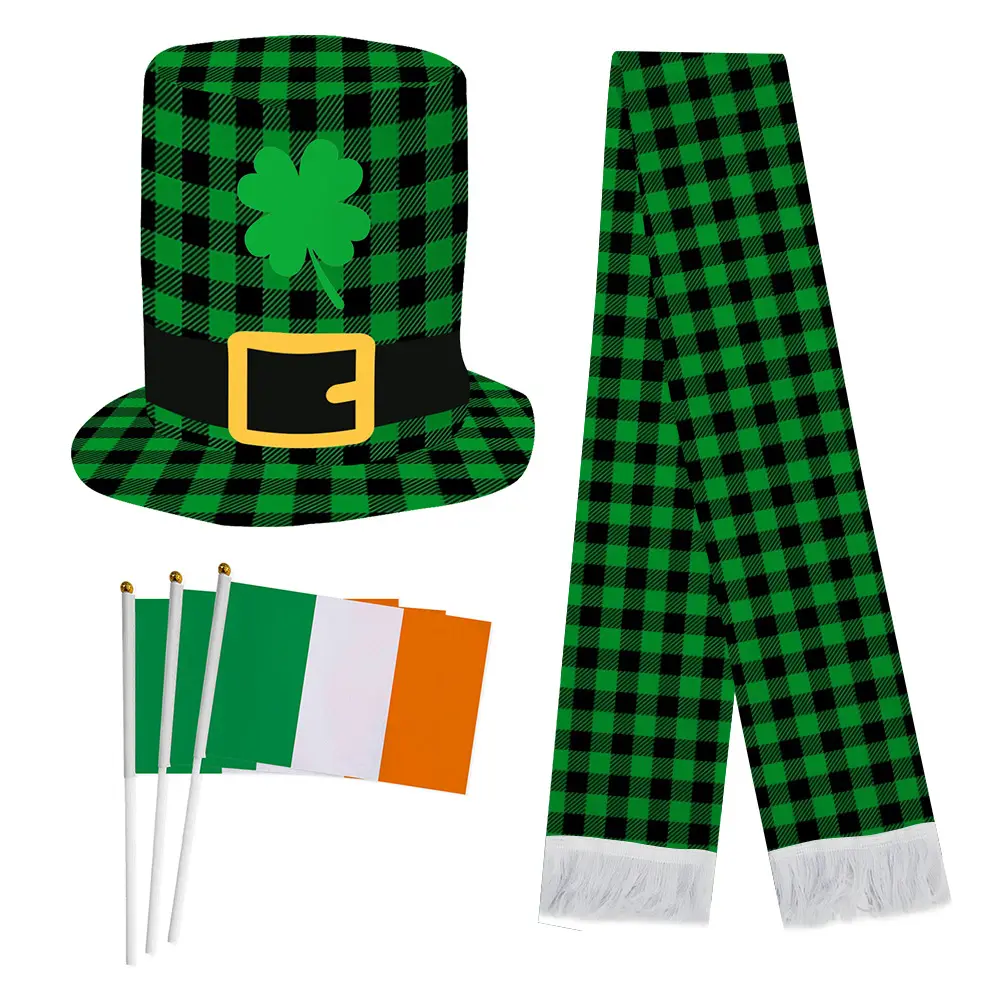 Saint Patrick Day Horn Top Hat Green Fancy Dress Accessories New Adult St Patricks Day Party Decoration Top Hat Scarf And Flag