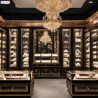Comptoir de présentation de bijoux rectangulaire de luxe personnalisé en verre incurvé avec finition dorée Maxsen, éclairage LED, vitrine de magasin durable