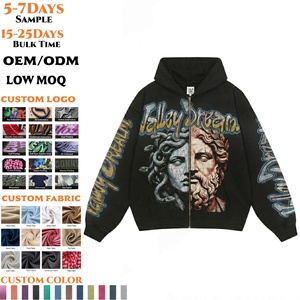 Sweat à capuche zippé surdimensionné avec logo personnalisé 6711 en coton polaire lavé, imprimé graphique vintage, unisexe, streetwear - Product Image 1