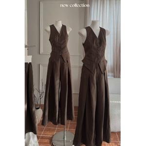 Polyester Blend Woven V-neck <b>Brown</b> <b>Vest</b> Sleeve Shirt Set + Straight Pants Formal Style Sample Available - Product Image 1