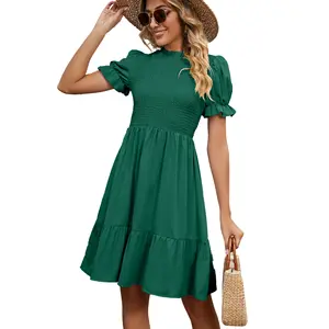 Customized European and American Cross border Round Neck Pleated Pulling Solid Color Short Sleeve Slim Fit Women's Dress