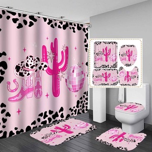Cortina de Ducha de Poliéster con Diseño de Cactus Rosa y Botas Vaqueras, Cortina de Baño con Impresión Digital, Impermeable, Personalizada, Moderna, al por Mayor - Product Image 1