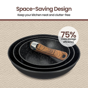 Ensemble de casseroles en aluminium forgé à induction antiadhésif avec revêtement céramique moderne, couvercles en verre et poignée amovible en bois doux au toucher - Product Image 2