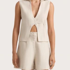 OEM 2025 <b>Women's</b> Casual <b>Linen</b> Set Hot Selling New Style Sexy Cotton Two Piece Above <b>Knee</b> <b>Shorts</b> Solid <b>Shorts</b> <b>Knee</b> <b>Length</b> - Product Image 1