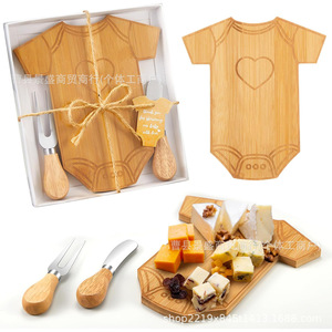 Bamboo Newborn <b>Onesie</b> Cheese Board With Knife And Fork Set For Party Serving - Product Image 1