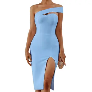 2022 Summer Fashion Sexy Elegant 1 Shoulder Strapless Marriage Party Bodycon Bandage Dress