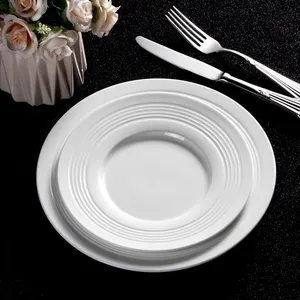 Pure White Embossed Line Ceramic Dishes Set Soup Bowl Flat Dinner Plate Porcelain Dinnerware Hotel Restaurant Catering Plates