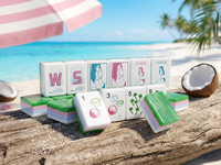 Tuiles de Mahjong d'été en marbre vert jade, ensemble de Mahjong américain en acrylique gravé 4 couches, thème Plage Tropicale, Bikini, Palmier de Coco, pour Fête