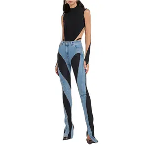 Wholesale sexy hot girl slim high waist pants color contrast women's skinny jeans