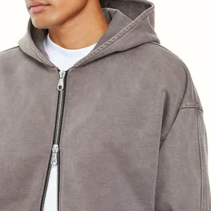 Chất Lượng Cao Tùy Chỉnh Của Người Đàn Ông Thời Trang Phố Áo Axit Rửa Sạch Drop Shoulder Zip up Hoodies Đôi Dây Kéo In Áo