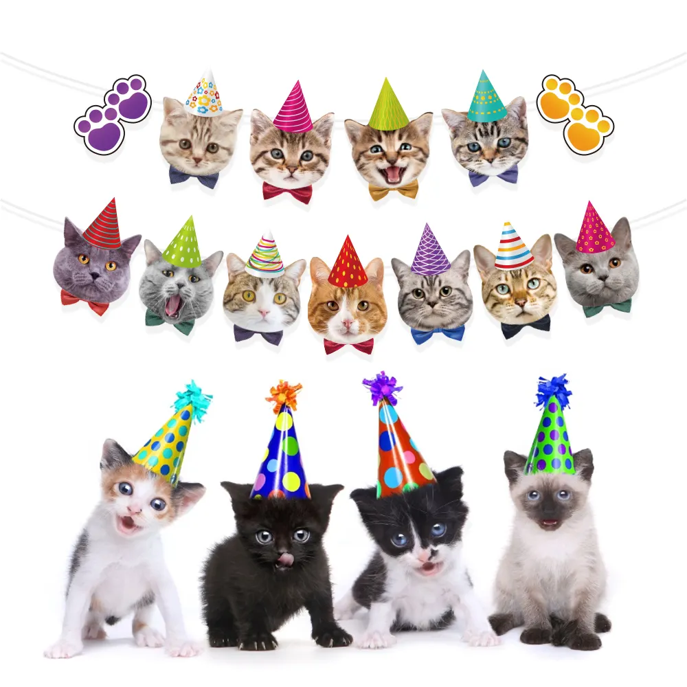 BA173 애완 동물 고양이 테마 파티 배너 깃발 종이 교수형 고양이 배너 생일 축하 장식 파티 용품