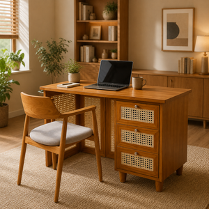 Wooden <b>Computer</b> <b>Desk</b> With Cane Panel Drawers And Upholstered Chair Office Workspace Furniture Set From Indonesia - Product Image 6