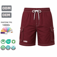 Pantalones Cortos Cargo Personalizados con Etiqueta Privada para Hombre, Color Granate, con Botones a Presión, Bolsillos con Solapa, Cintura Elástica, MOQ Flexible, Fabricante Pantone