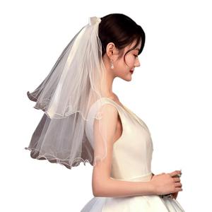 Velo da sposa a rete corta rosso a due strati nastro fiocco semplice luce diffusione Pengpeng morbido bianco - Product Image 1