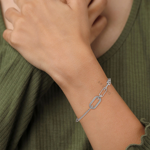 14K <b>Solid</b> White <b>Gold</b> Oval Paperclip Diamond <b>Bracelet</b> for Women Dainty Pave Link Station Chain Jewelry - Product Image 2