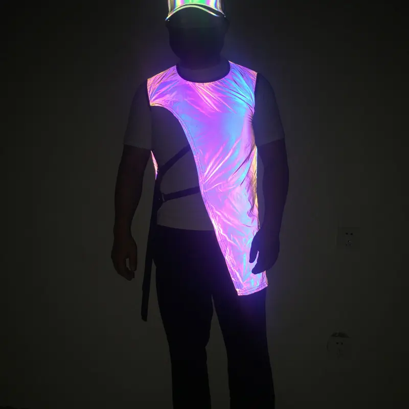 men stylish iridescent luminous reflective stage performance show dress sleeveless cropped vest clothes costumes for nightclub