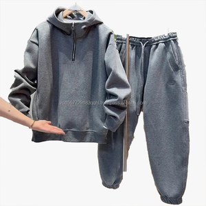 เสื้อฮู้ดซิปครึ่งตัวสไตล์ใหม่สำหรับฤดูใบไม้ร่วงและฤดูหนาว ชุดลำลองสำหรับผู้ชาย ผ้าฟลีซ ชุดกีฬา ปักลายตัวอักษร กางเกงขายาวแบบมีขอบยางยืด - Product Image 3