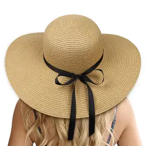 Chapéu de palha com aba larga personalizado para mulheres, chapéu dobrável de verão e praia com logotipo impresso, chapéu de grama Panamá de uso diário