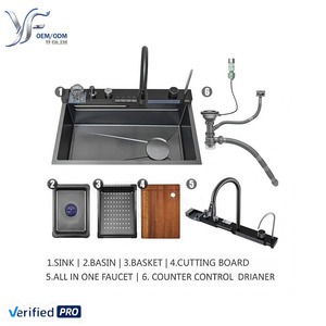 Évier de cuisine multifonction intelligent en acier inoxydable avec cascade, affichage LED de la température, accessoires complets, planche à <span class=keywords><strong>d</strong></span>écouper, panier et <span class=keywords><strong>kit</strong></span> robinet - Product Image 1