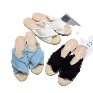 Tham vọng phổ biến phong cách phẳng giá rẻ Dây Đeo Chéo Espadrilles phụ nữ giản dị Giày trượt dép