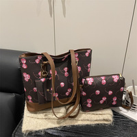 Ensemble de 3 sacs fourre-tout à imprimé cerise pour femmes, sac à main à bandoulière de grande capacité, sac de shopping décontracté mignon avec petite pochette