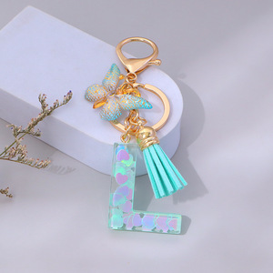 Llavero <span class=keywords><strong>de</strong></span> Resina Brillante con Letra Inicial, Dije <span class=keywords><strong>de</strong></span> Mariposa, Borla Turquesa, Letras <span class=keywords><strong>de</strong></span> la A a la Z en Resina - Product Image 5