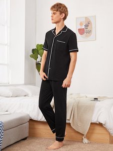 Camicie da <span class=keywords><strong>uomo</strong></span> a maniche corte da notte da <span class=keywords><strong>uomo</strong></span> all'ingrosso con pantaloni Set da <span class=keywords><strong>pigiama</strong></span> da <span class=keywords><strong>uomo</strong></span> classico in cotone da salotto - Product Image 4