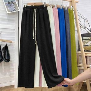 I-0524 Nuevos pantalones anchos de seda helada para mujer, pantalones largos de verano de cintura alta, ajustados, sueltos, de pierna recta, informales - Product Image 3