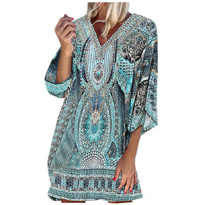 Vestido de mujer con estampado étnico con cuello en V Playa Tiempo libre en vacaciones Vestido bohemio de manga larga Sukienka Damska Vestido Mujer Verano - Product Image 2