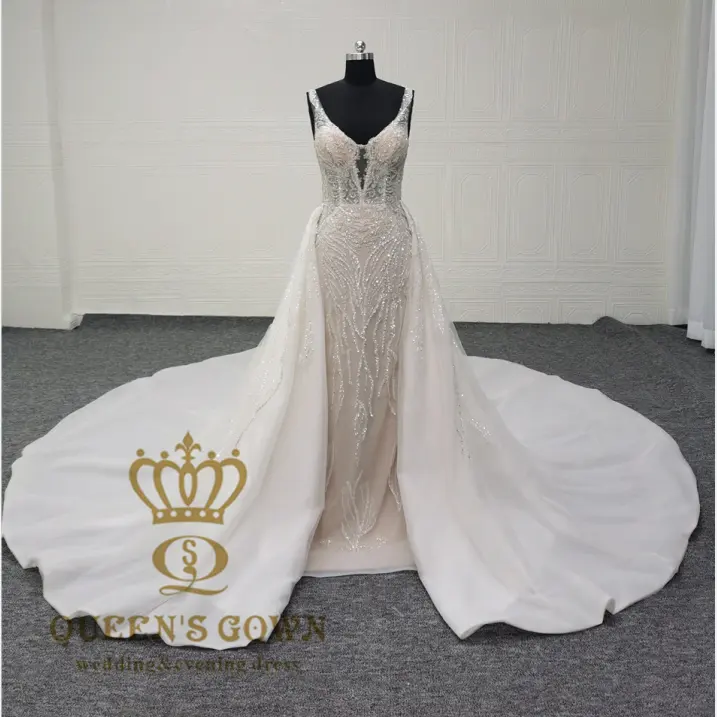 QUEENS GOWN Luxury beading lace v neck sleeveless Mermaid/Trumpet wedding dress with detachable train