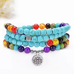 YOGA/OM/TREE OF LIFE/lotus Charm 7 Seven Chakra Natural 108pcs Turquoise Stones Beads Jewelry Bracelet Necklace
