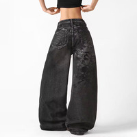 Pantalon en jean gris foncé imprimé style américain, coupe droite ample et large, délavé et vieilli, avec poche arrière