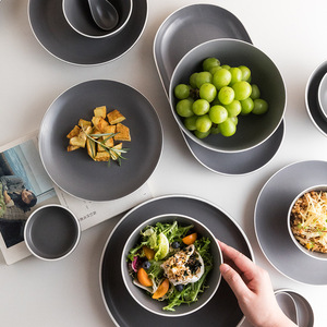 Service de table en céramique grise avec bords blancs et accents floraux-Vaisselle lavable au lave-vaisselle pour hôtel, <span class=keywords><strong>restaurant</strong></span> et fête à la maison - Product Image 2
