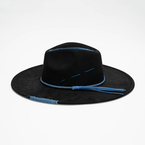 Chapeau de cowboy occidental en daim noir à large bord, tendance 2025, pour hommes et femmes, avec patch en jean, couture bleue et bande à <span class=keywords><strong>pompon</strong></span>, pour le quotidien, les activités de plein air et les fêtes - Product Image 5