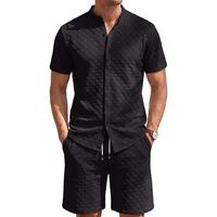 Setelan Kasual Pria 2 Potong Model Waffle Grid Jacquard Kerah Tegak Kemeja Kancing Lengan Pendek Celana Pendek Tali Serut Buatan Pabrik