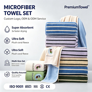 Ensemble de serviettes en microfibre rayées avec logo personnalisé, super absorbantes, douces, pour le bain et les mains, OEM ODM, étiquette privée, hôtel, spa, maison - Product Image 1