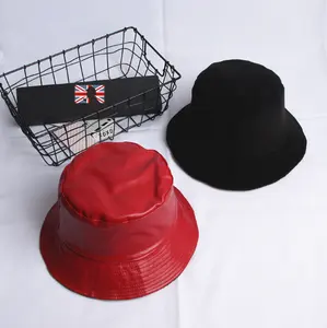 หมวกบักเก็ตหนังพียูกันน้ำได้สองด้าน,หมวกบักเก็ตหนังพียูทรงถังใส่กลับด้านได้แฟชั่นสำหรับฤดูหนาว