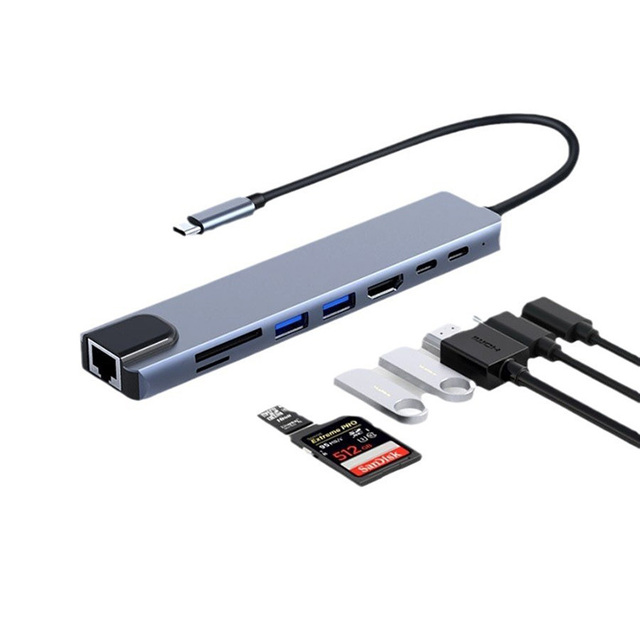 8 in 1 Type C USB Hub with Gigabit Ethernet 8 Port 2.0 4k 30Hz C Dock Adapter USB 3.0 Hub for MacBook Laptops in Stock USB Hub