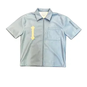 高品質の革ジッパーシャツカラーパッチ刺Embroideredポケットキャンディーカラーフリースライニングカレッジスタイルのメンズジッパーシャツ